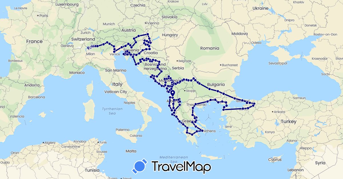 TravelMap itinerary: driving in Albania, Austria, Bosnia and Herzegovina, Bulgaria, Switzerland, Greece, Croatia, Hungary, Italy, Montenegro, Macedonia, Serbia, Slovenia, Turkey, Kosovo (Asia, Europe)